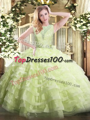 High End Yellow Green Sleeveless Lace and Ruffled Layers Floor Length Vestidos de Quinceanera
