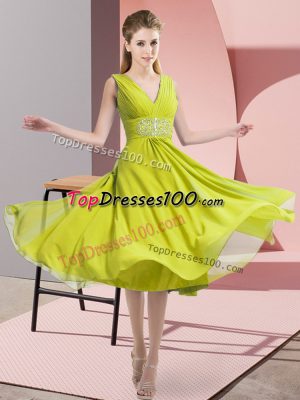 V-neck Sleeveless Dama Dress Knee Length Beading Yellow Green Chiffon