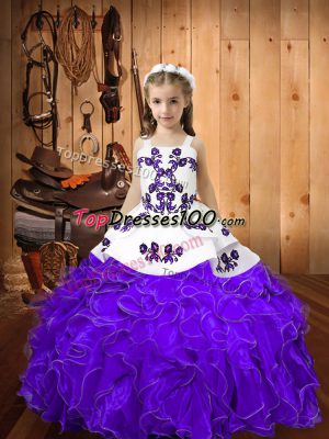 High End Organza Straps Sleeveless Lace Up Embroidery and Ruffles Pageant Dress for Womens in Eggplant Purple