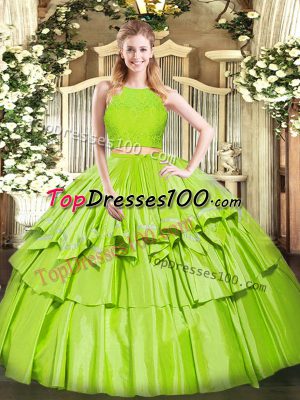 Tulle Scoop Sleeveless Zipper Ruffled Layers 15 Quinceanera Dress in Yellow Green