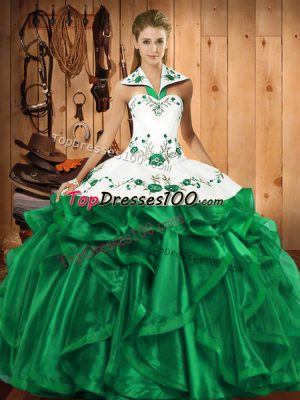 Green Lace Up Sweet 16 Quinceanera Dress Embroidery and Ruffles Sleeveless Floor Length
