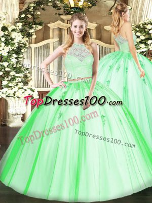 Two Pieces Scoop Sleeveless Tulle Floor Length Zipper Lace and Appliques Quince Ball Gowns
