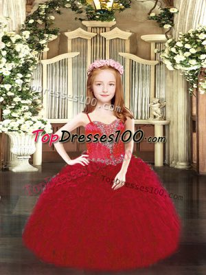 High Quality Sleeveless Organza Floor Length Lace Up Teens Party Dress in Wine Red with Beading and Ruffles