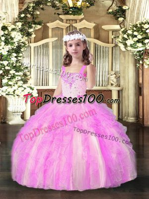 Sleeveless Floor Length Beading and Ruffles Lace Up Little Girl Pageant Gowns with Lilac