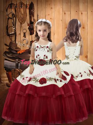Best Embroidery and Ruffled Layers Kids Formal Wear Wine Red Lace Up Sleeveless Floor Length