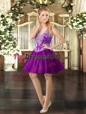 Sweet Mini Length Purple Evening Dress Tulle Sleeveless Beading