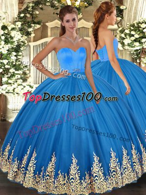 Artistic Sleeveless Tulle Floor Length Lace Up Vestidos de Quinceanera in Blue with Appliques