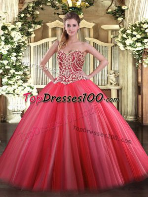 Customized Sleeveless Tulle Floor Length Lace Up Sweet 16 Dresses in Coral Red with Beading
