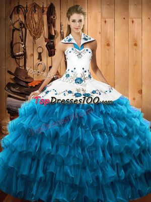Delicate Teal Ball Gowns Halter Top Sleeveless Organza Floor Length Lace Up Embroidery and Ruffled Layers Quinceanera Dress