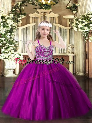 Straps Sleeveless Lace Up Teens Party Dress Fuchsia Tulle