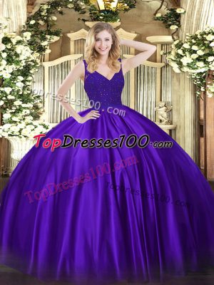 Stunning Taffeta V-neck Sleeveless Zipper Beading Sweet 16 Dresses in Purple