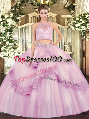 Fashionable Sleeveless Floor Length Beading and Appliques Zipper Quince Ball Gowns with Lilac