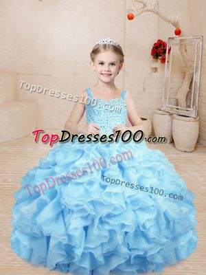 Baby Blue Organza Lace Up Straps Sleeveless Floor Length Casual Dresses Beading and Ruffles