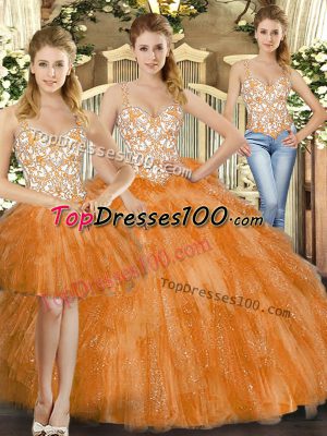 Orange Red Quinceanera Gowns Military Ball and Sweet 16 and Quinceanera with Beading and Ruffles Straps Sleeveless Lace Up