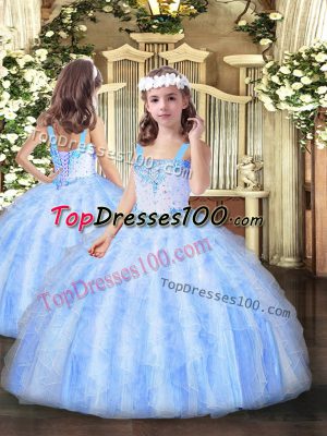 Light Blue Organza Lace Up Pageant Gowns For Girls Sleeveless Floor Length Beading and Ruffles
