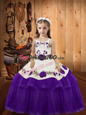 Eggplant Purple Ball Gowns Organza Straps Sleeveless Embroidery and Ruffled Layers Floor Length Lace Up Party Dress for Girls
