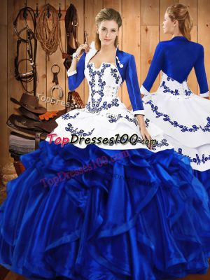 Blue Sleeveless Embroidery and Ruffles Floor Length Quince Ball Gowns