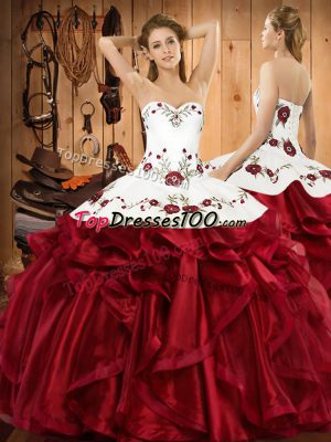 Wine Red Lace Up Sweet 16 Dress Embroidery and Ruffles Sleeveless Floor Length