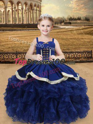 On Sale Blue Lace Up Straps Beading and Ruffles Pageant Dress Womens Organza Sleeveless