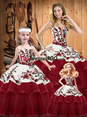 Extravagant Sleeveless Satin and Organza Floor Length Lace Up Quinceanera Dresses in Wine Red with Embroidery and Ruffled Layers