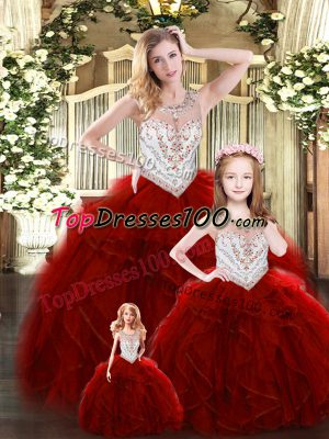 Wine Red Sleeveless Floor Length Beading and Ruffles Lace Up Sweet 16 Dresses