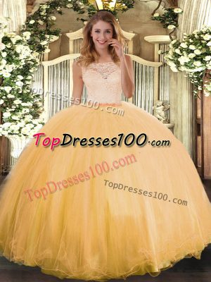 Designer Gold Tulle Clasp Handle Scoop Sleeveless Floor Length Sweet 16 Dresses Lace