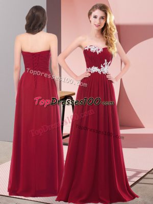 Captivating Wine Red Empire Sweetheart Sleeveless Chiffon Floor Length Lace Up Appliques Homecoming Dress