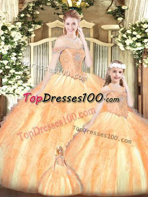 Champagne Sleeveless Floor Length Beading and Ruffles Lace Up Sweet 16 Quinceanera Dress