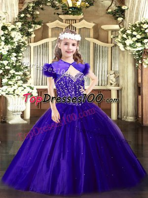 Elegant Purple Ball Gowns Beading Party Dress Wholesale Lace Up Tulle Sleeveless Floor Length