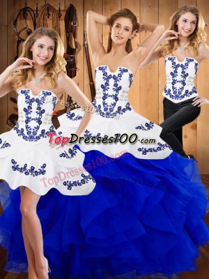 High Class Blue Sleeveless Satin and Organza Lace Up Sweet 16 Dress for Military Ball and Sweet 16 and Quinceanera