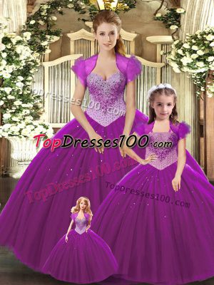 Tulle Straps Sleeveless Lace Up Beading Quince Ball Gowns in Fuchsia