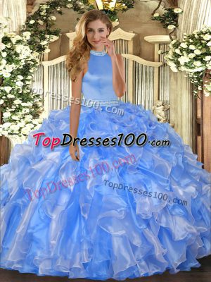 Captivating Baby Blue Ball Gowns Beading and Ruffles 15th Birthday Dress Backless Organza Sleeveless Floor Length