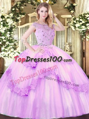 Super Lilac Ball Gowns Beading and Appliques Quinceanera Gowns Zipper Tulle Sleeveless Floor Length