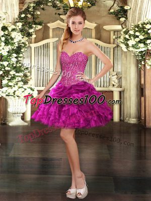Sleeveless Organza Mini Length Lace Up Prom Party Dress in Fuchsia with Beading and Ruffles
