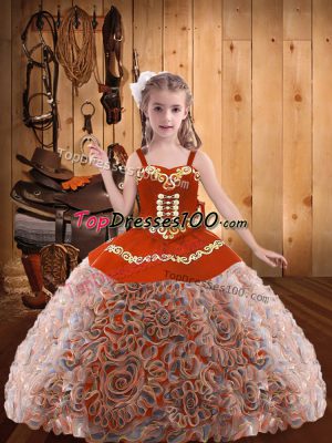 Floor Length Multi-color Little Girls Pageant Gowns Fabric With Rolling Flowers Sleeveless Embroidery and Ruffles