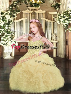Dramatic Champagne Organza Lace Up Spaghetti Straps Sleeveless Asymmetrical Girls Pageant Dresses Appliques and Ruffles and Pick Ups