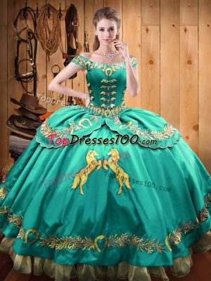 Glittering Floor Length Turquoise Quinceanera Dress Off The Shoulder Sleeveless Lace Up