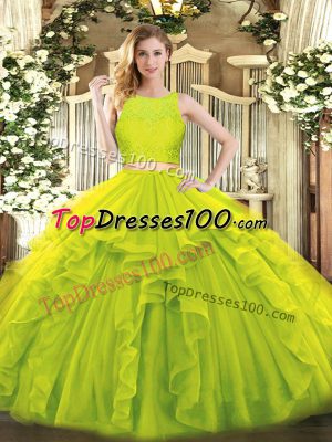 Enchanting Yellow Green Two Pieces Ruffles Quinceanera Gowns Zipper Tulle Sleeveless Floor Length