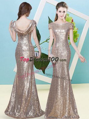 Sexy Mermaid Champagne Scoop Sequined Cap Sleeves Floor Length Zipper