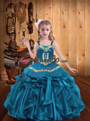 Enchanting Floor Length Lace Up Little Girl Pageant Gowns Teal for Party and Quinceanera and Wedding Party with Embroidery and Ruffles