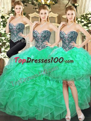 Turquoise Lace Up Quinceanera Dresses Beading and Ruffles Sleeveless Floor Length