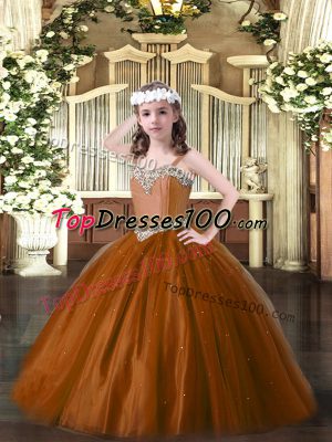Beauteous Floor Length Brown Kids Pageant Dress Tulle Sleeveless Beading