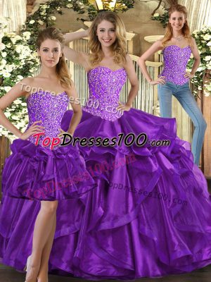 Enchanting Sleeveless Floor Length Beading and Ruffles Lace Up Quinceanera Dress with Eggplant Purple