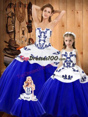 Sleeveless Tulle Floor Length Lace Up Quinceanera Dress in Blue with Embroidery