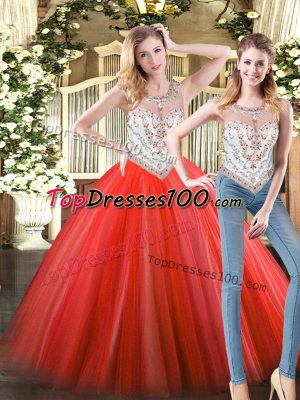 Great Floor Length Coral Red Ball Gown Prom Dress Tulle Sleeveless Beading