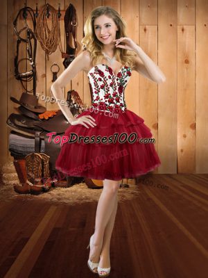 Fabulous Embroidery and Ruffled Layers Prom Evening Gown Wine Red Lace Up Sleeveless Mini Length