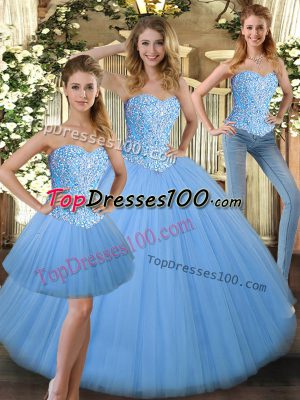 Chic Baby Blue Sweetheart Neckline Beading Quince Ball Gowns Sleeveless Lace Up