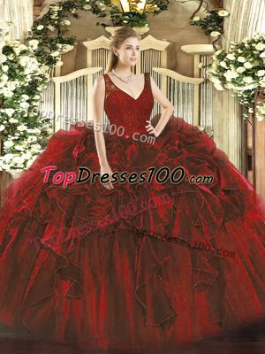 Sophisticated Wine Red Ball Gowns Organza V-neck Sleeveless Beading and Ruffles Floor Length Zipper Sweet 16 Dress