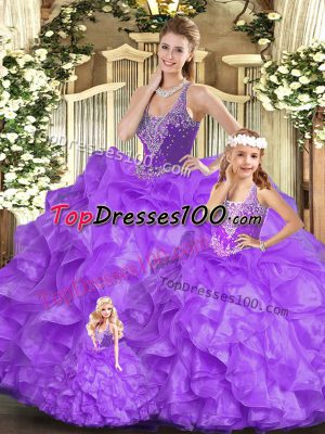 Flare Straps Sleeveless Lace Up Quince Ball Gowns Eggplant Purple Organza