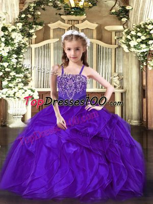 Floor Length Purple Pageant Dress for Teens Organza Sleeveless Beading and Ruffles